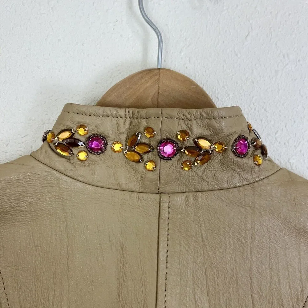Venus Vintage Y2K Leather Jacket Womens M Beige Sequin Beaded Collarless Zip